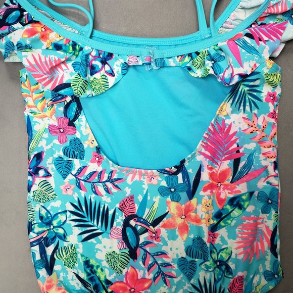 Wonder Nation Girls One Piece Swim Suit Tropical Blue Size L 10/12 - Picture 4 of 6